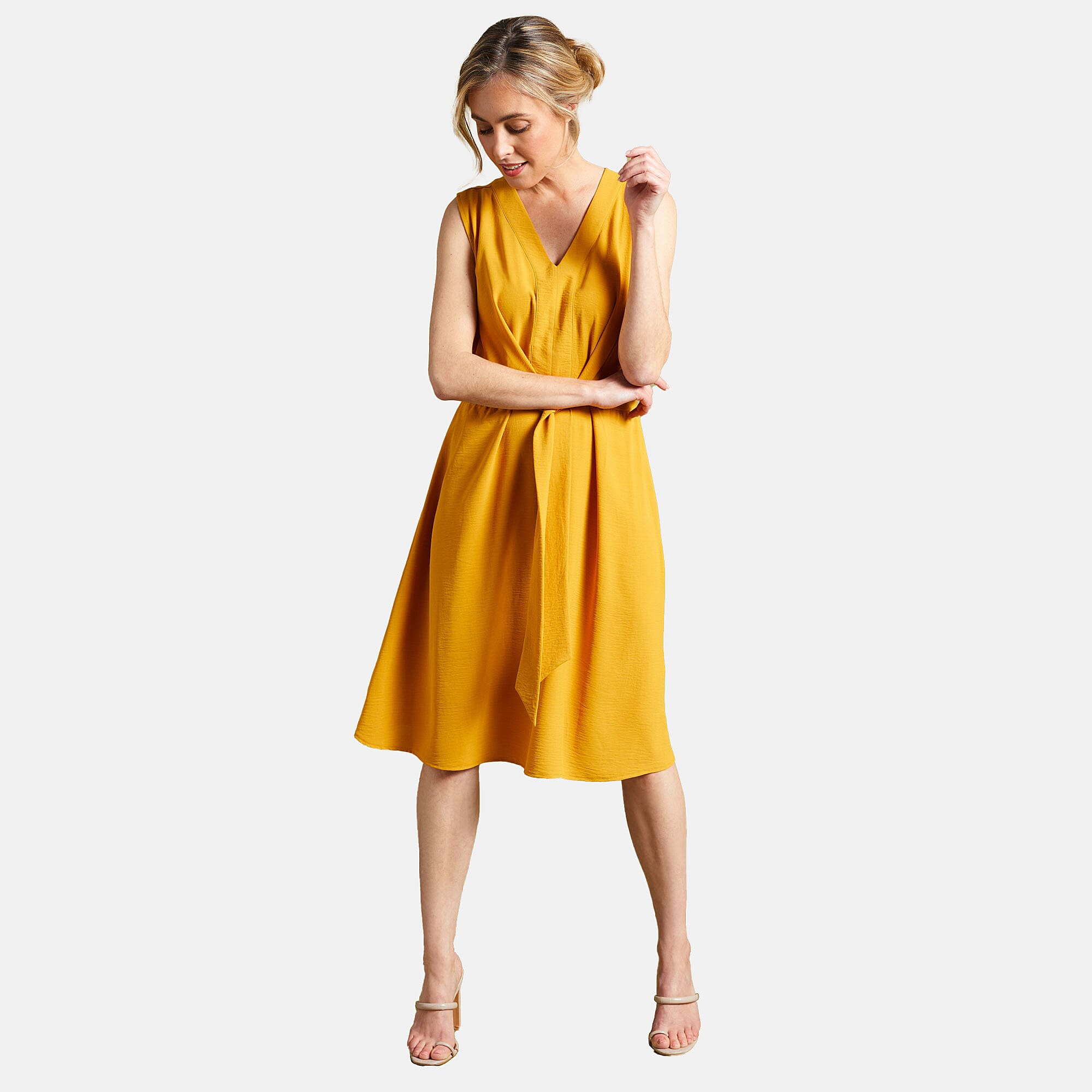 Emreco Tie Front Sleeveless V-Neck Midi Dress (Size 12) - Ochre