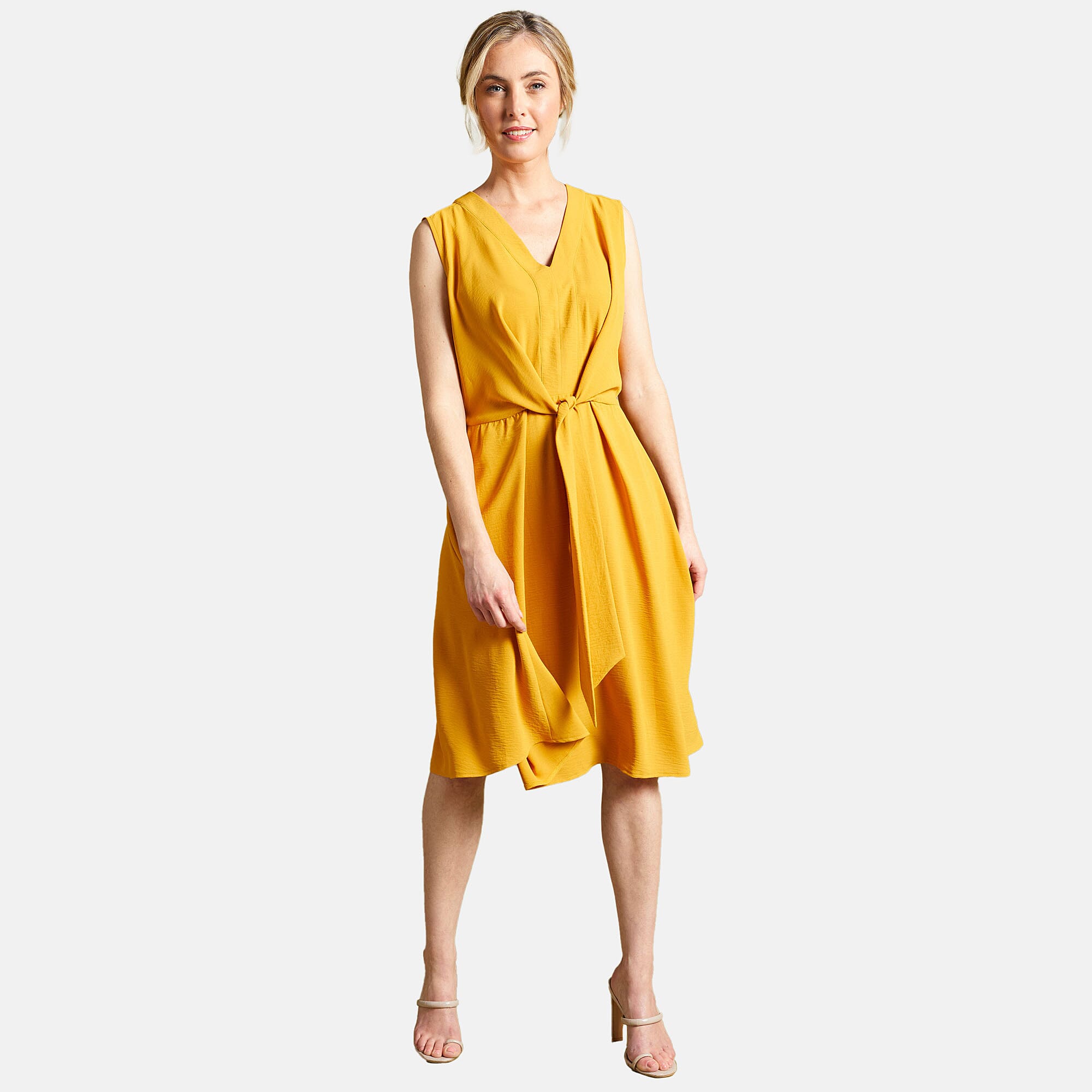 Emreco Tie Front Sleeveless V-Neck Midi Dress (Size 12) - Ochre