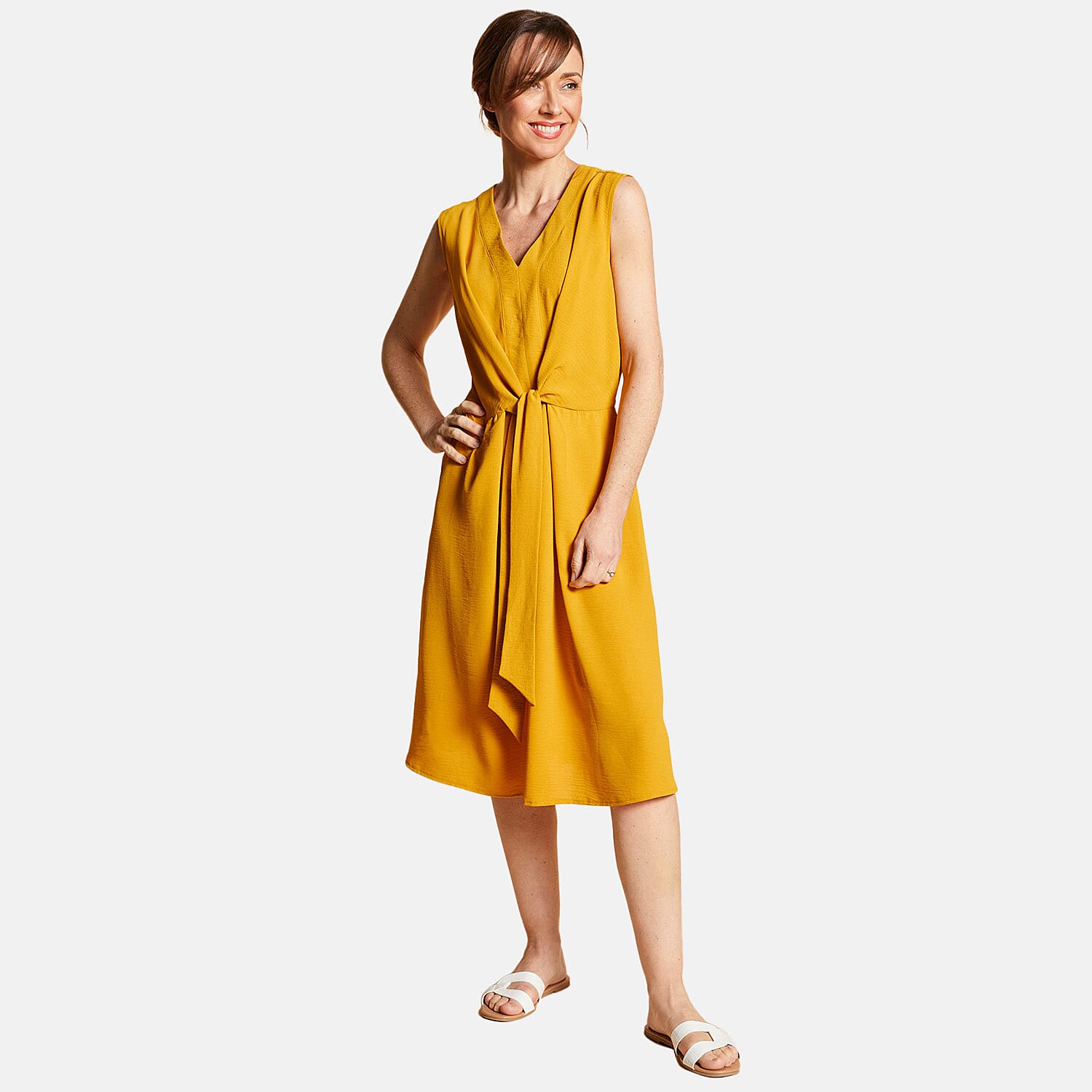 Emreco Tie Front Sleeveless V-Neck Midi Dress - Ochre Emreco Tie Front Sleeveless V-Neck Midi Dress - Ochre