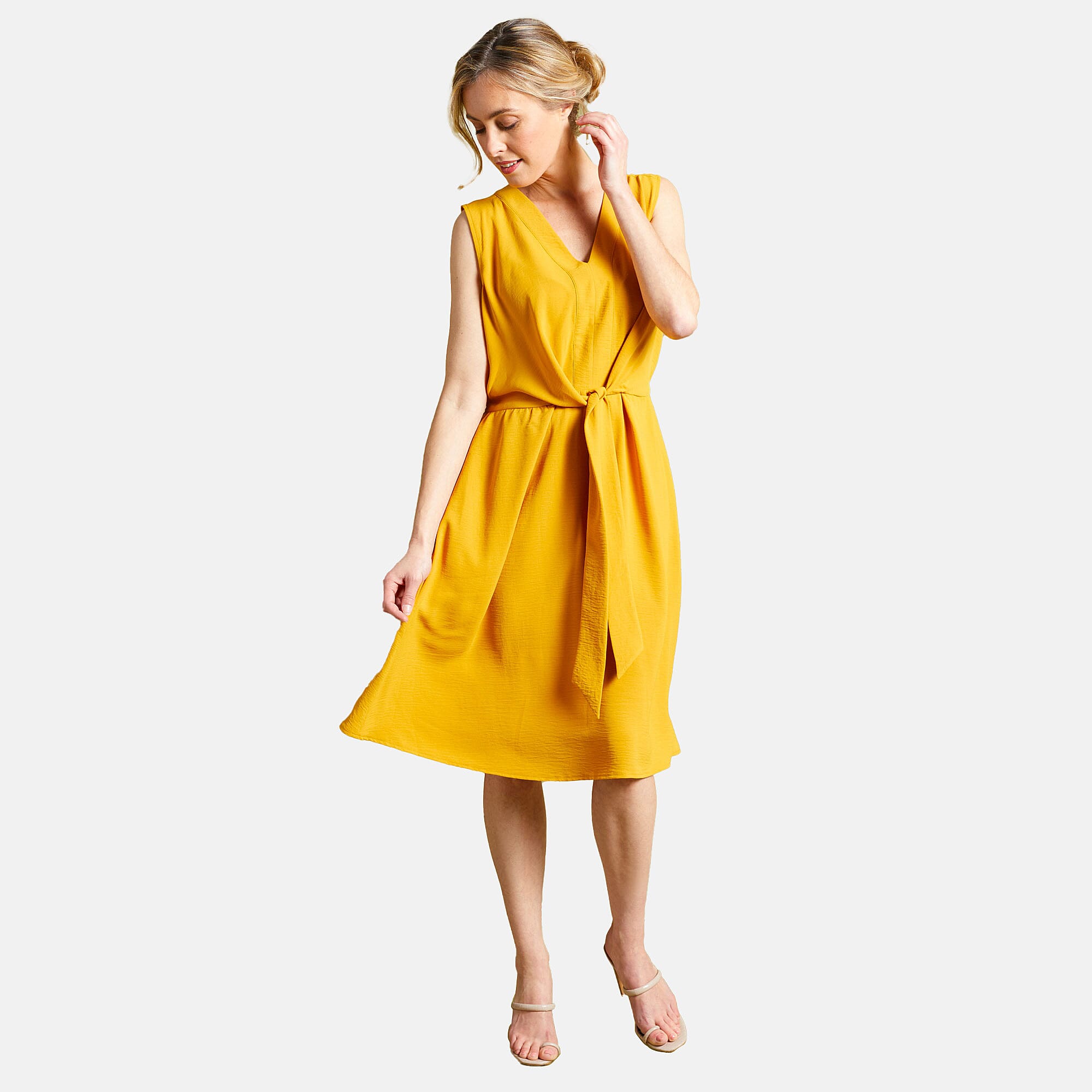 Emreco Tie Front Sleeveless V-Neck Midi Dress (Size 20) - Ochre