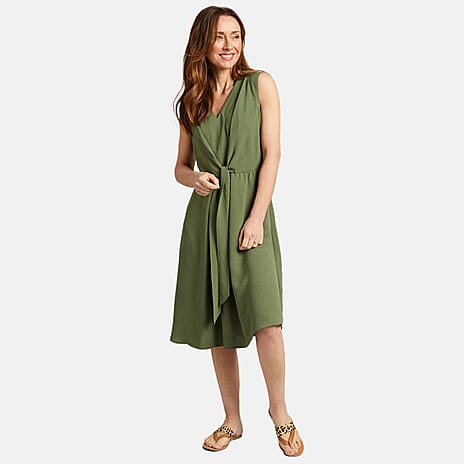 Emreco Tie Front Sleeveless V-Neck Midi Dress (Size 14) - Khaki