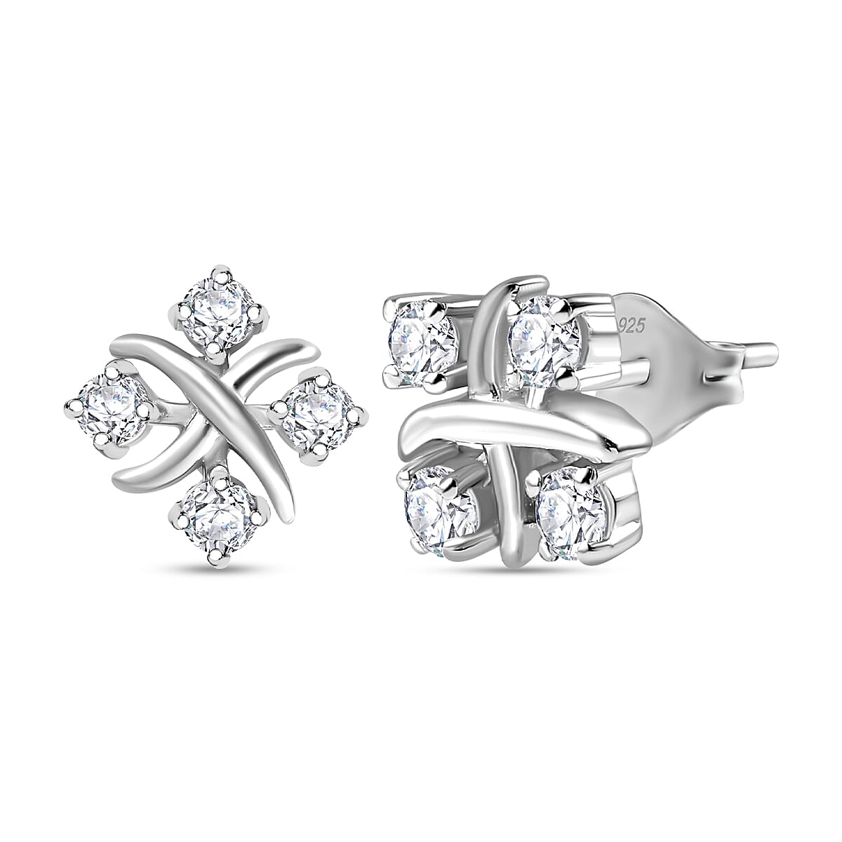 Moissanite Cross Stud Earrings in Rhodium Overlay Sterling Silver