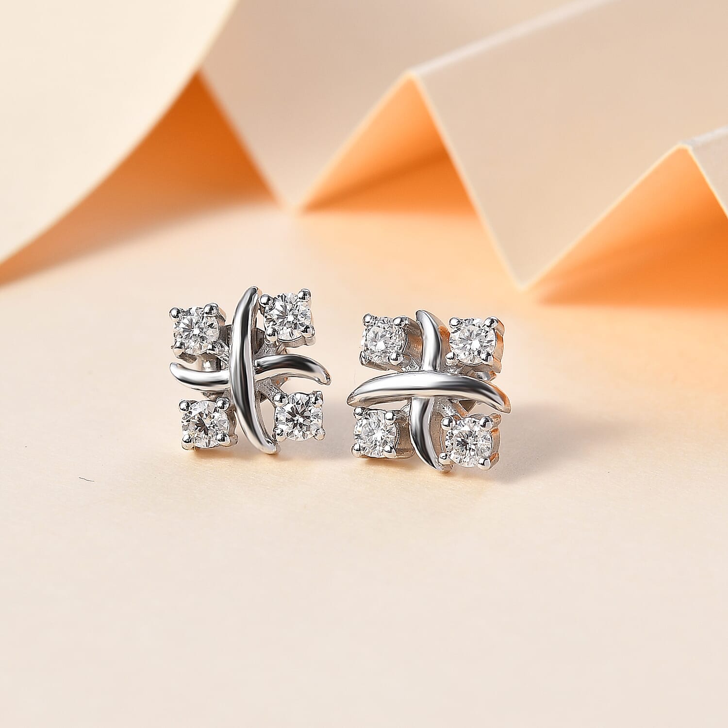 Moissanite Cross Stud Earrings in Rhodium Overlay Sterling Silver