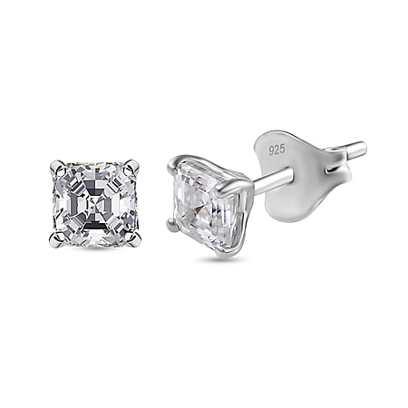 Moissanite Solitaire Stud Push Post Earrings in Rhodium Overlay Sterling Silver 1.30 ct  1.362  Ct.