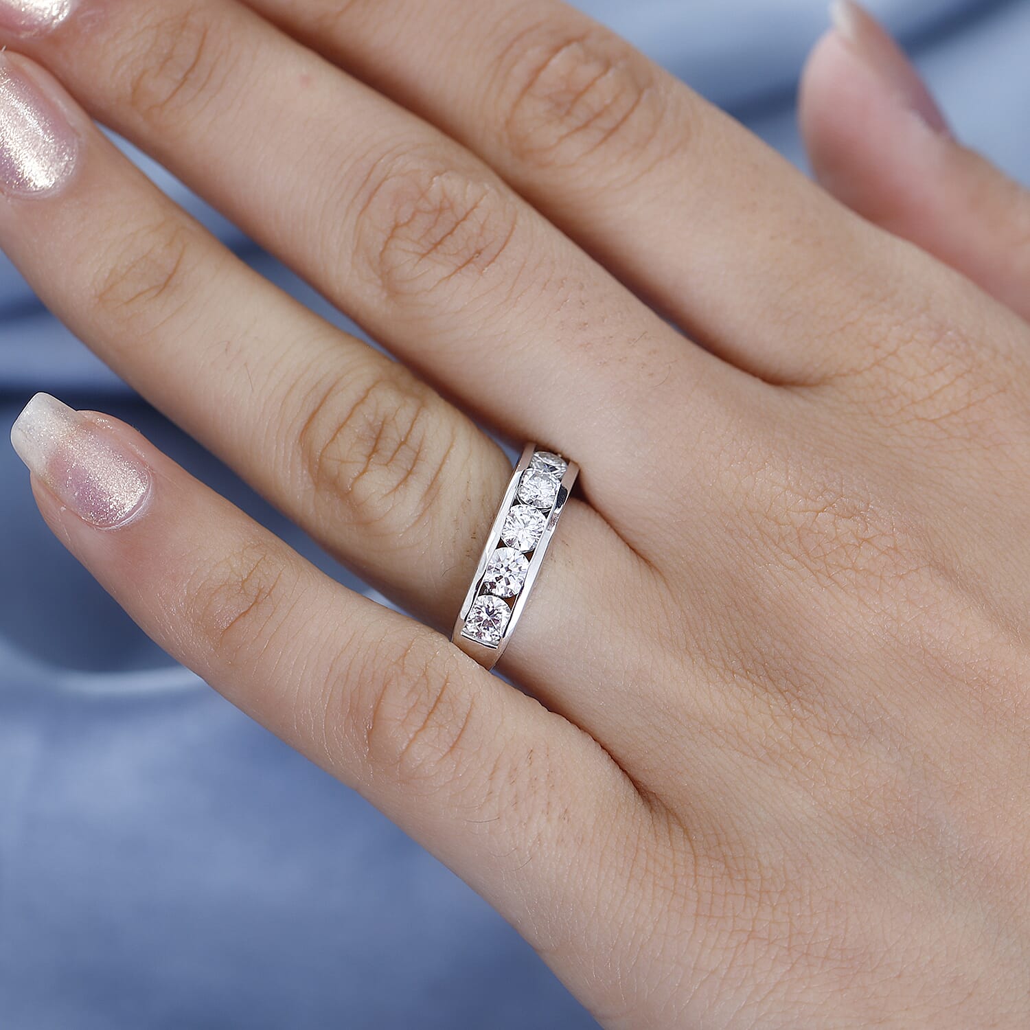 Moissanite Half Eternity Ring in Rhodium Overlay Sterling Silver 1.68 Ct