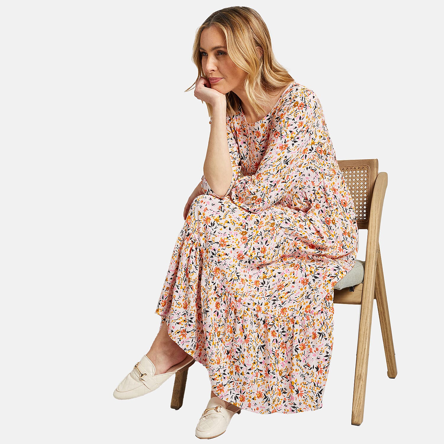 Emreco Floral Crinkle Tiered Maxi Dress (Size 12) - Peach