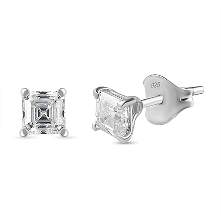 Moissanite (Asscher Cut) Solitaire Stud Earrings in Rhodium Overlay Sterling Silver 1.30 Ct