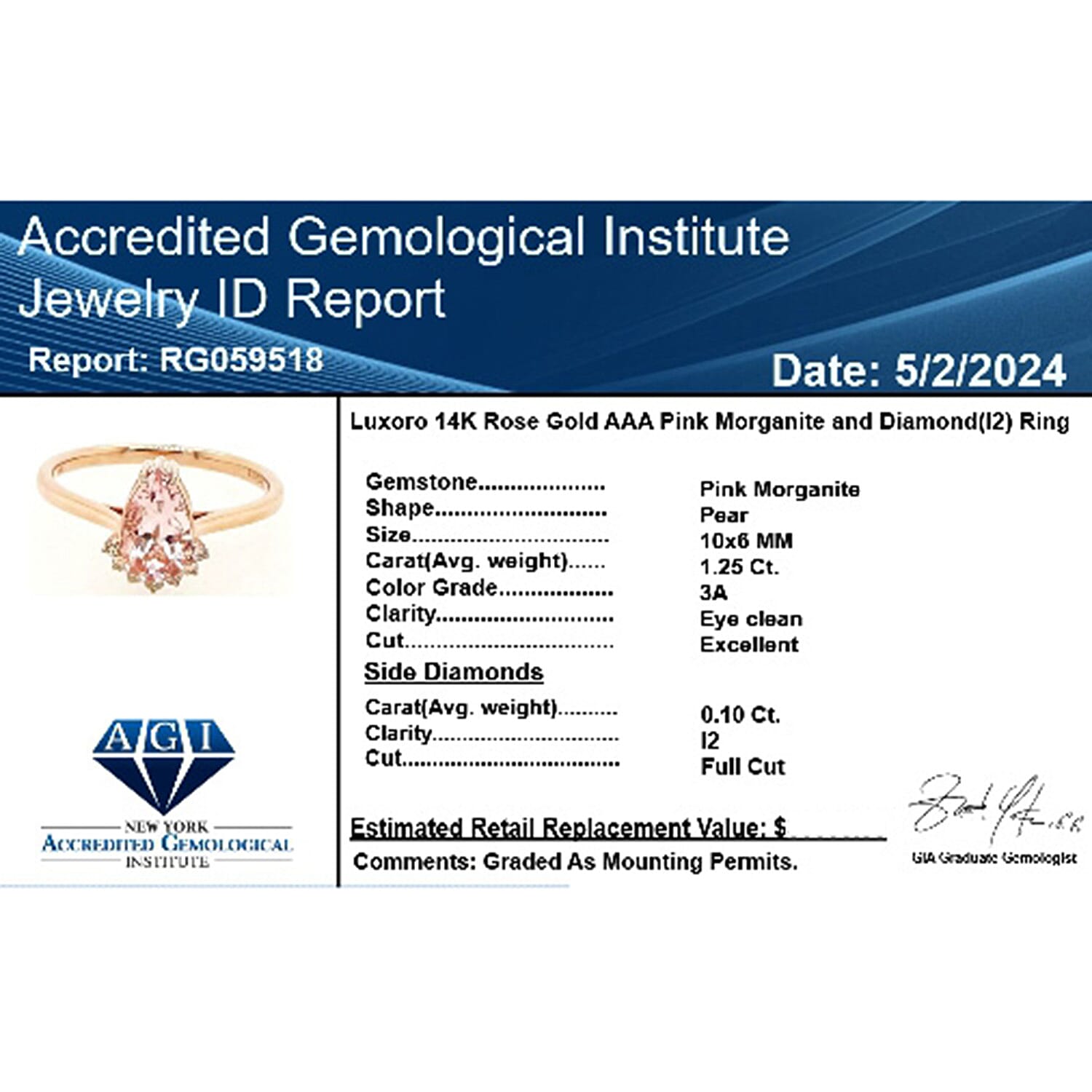 14K Rose Gold  AAA   Pink Morganite ,  White Diamond  I2 Ring 1.35 ct,  Gold Wt. 2.79 Gms  1.350  Ct.