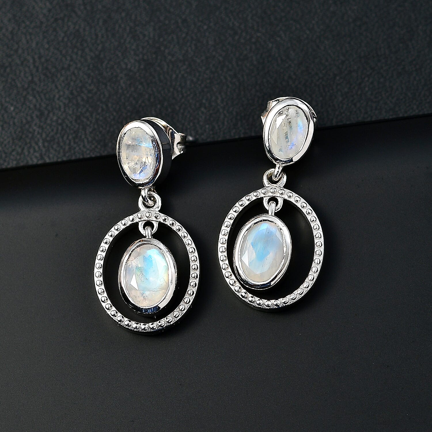 Moon Glow Moonstone Dangle Earrings in Rhodium Overlay Sterling Silver 2.28 Ct