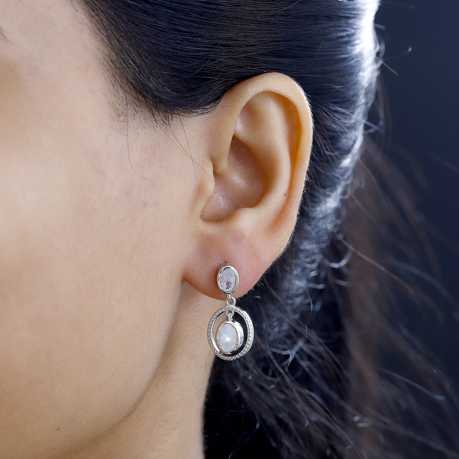 Moon Glow Moonstone Dangle Earrings in Rhodium Overlay Sterling Silver 2.28 Ct