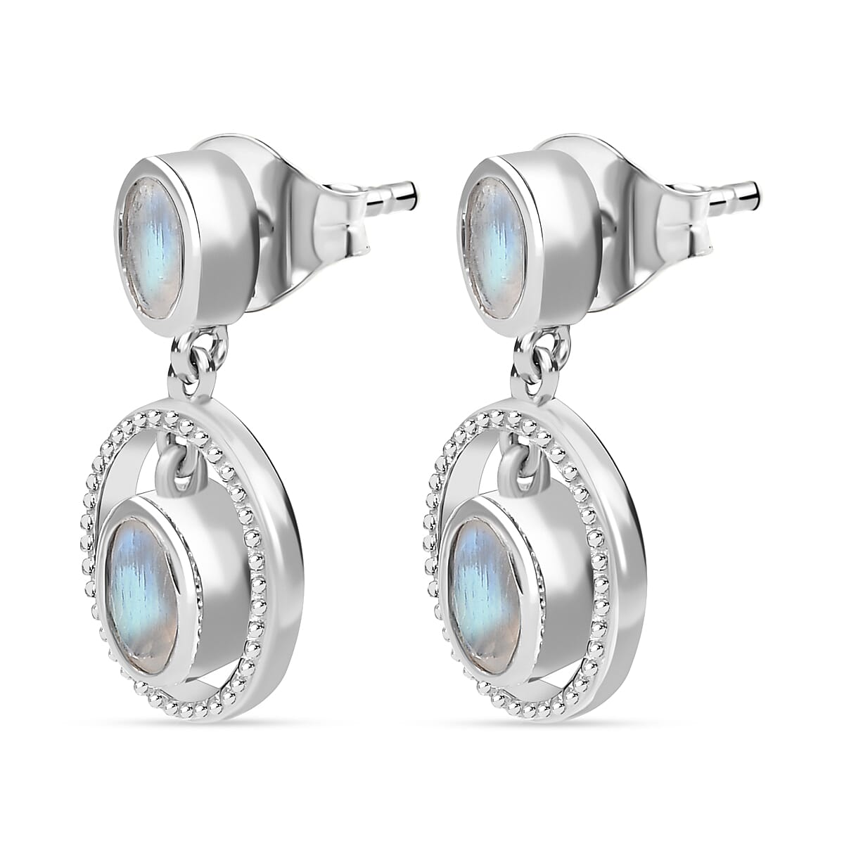 Moon Glow Moonstone Dangle Earrings in Rhodium Overlay Sterling Silver 2.28 Ct