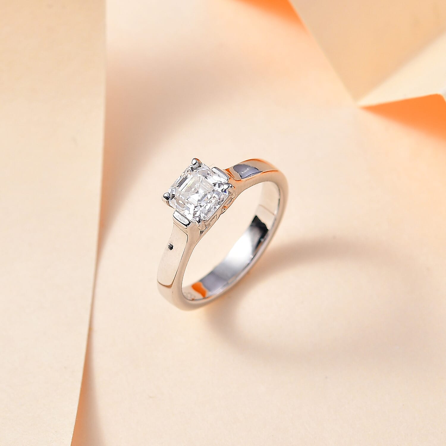 Designer Inspired - Moissanite Solitaire Ring in Asscher Cut-  Rhodium Overlay Sterling Silver 1.15 Ct