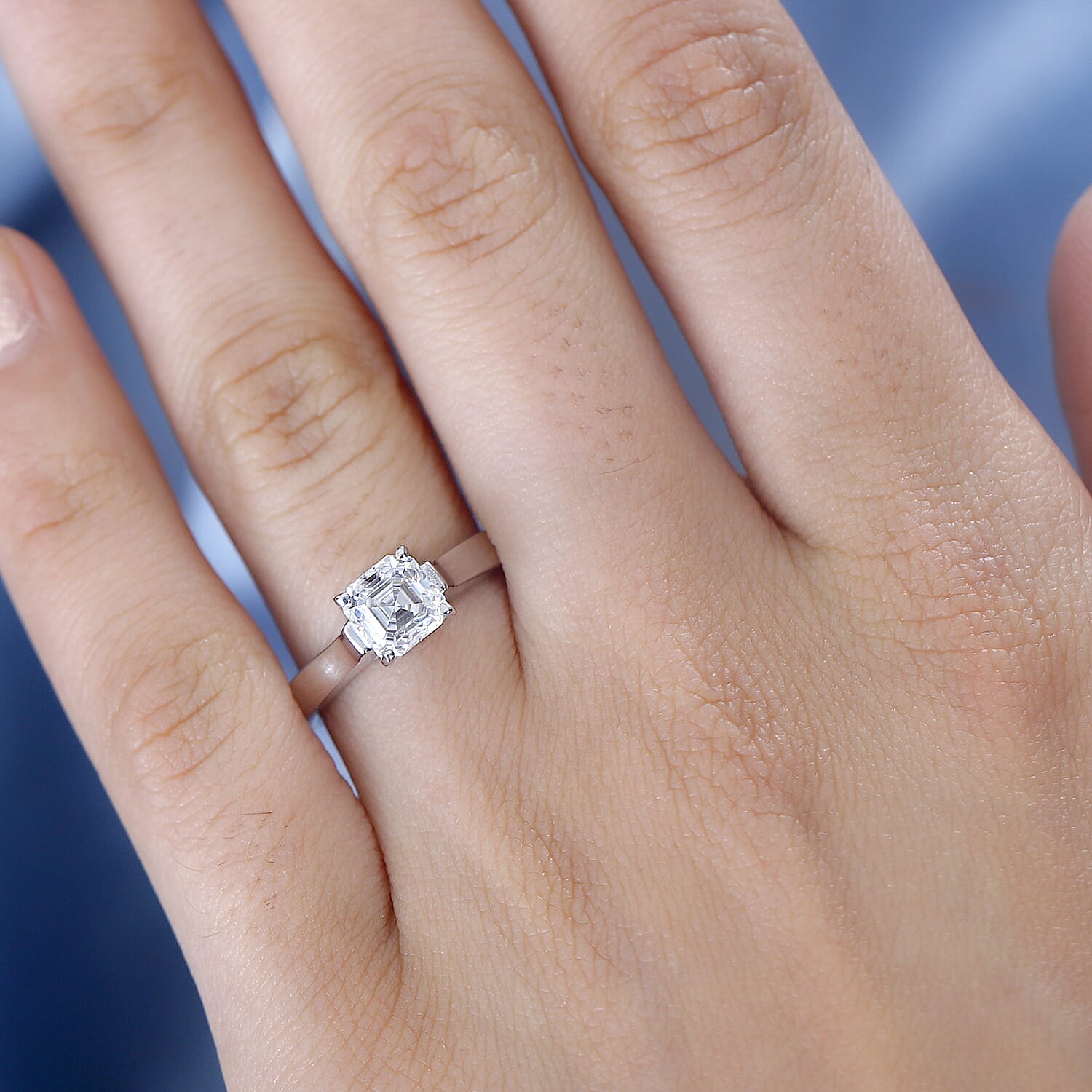 Designer Inspired - Moissanite Solitaire Ring in Asscher Cut-  Rhodium Overlay Sterling Silver 1.15 Ct