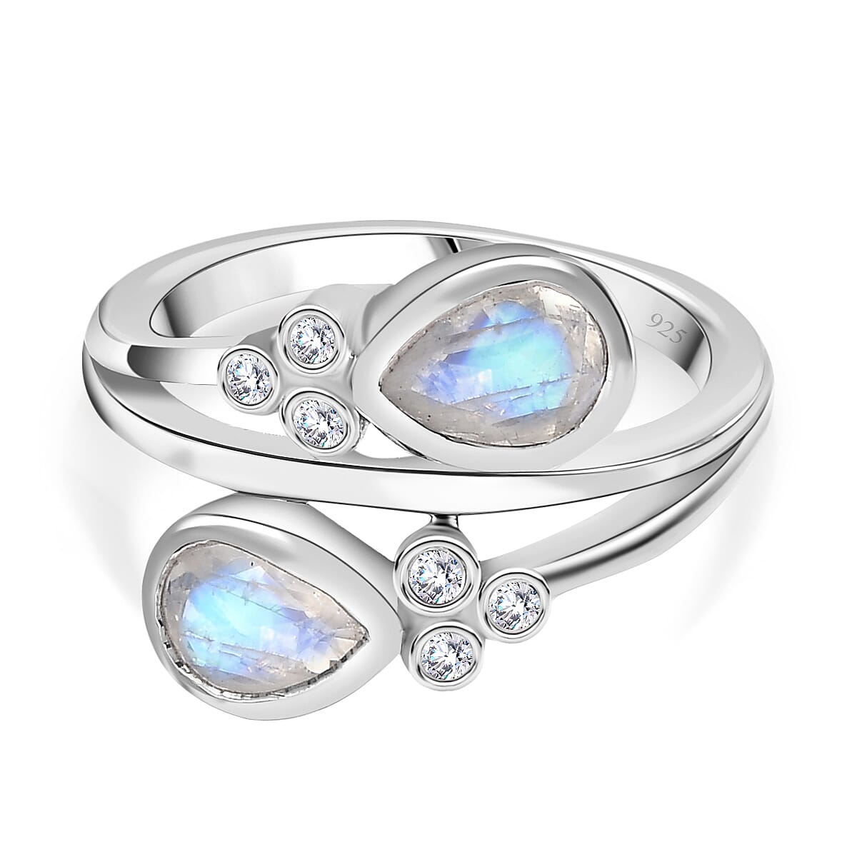 Moon Glow Stone & Moissanite Bypass Ring in Rhodium Overlay Sterling Silver 1.35 Ct