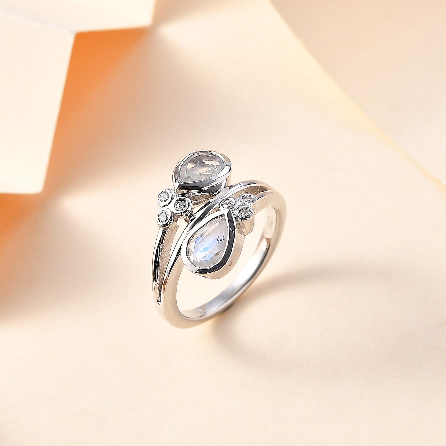 Moon Glow Stone & Moissanite Bypass Ring in Rhodium Overlay Sterling Silver 1.35 Ct