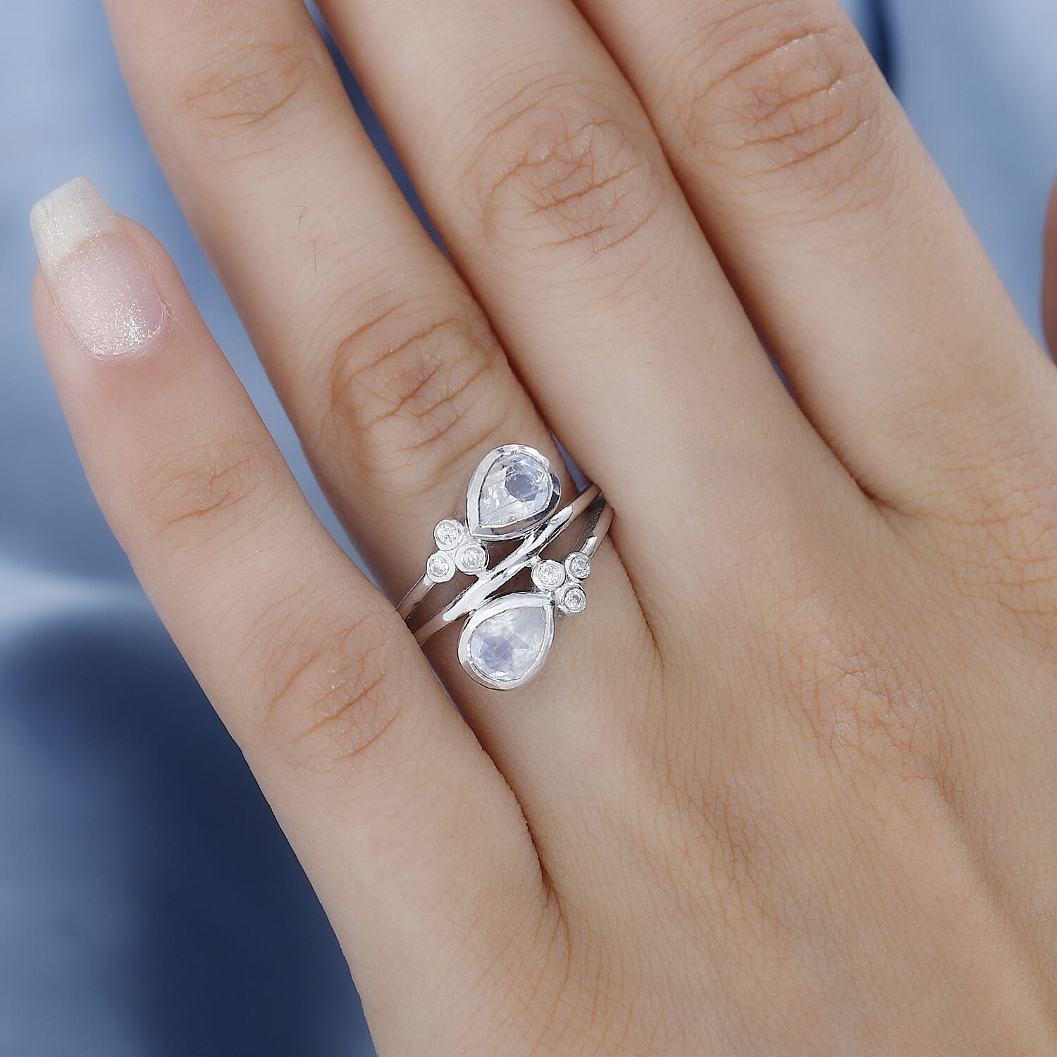 Moon Glow Stone & Moissanite Bypass Ring in Rhodium Overlay Sterling Silver 1.35 Ct