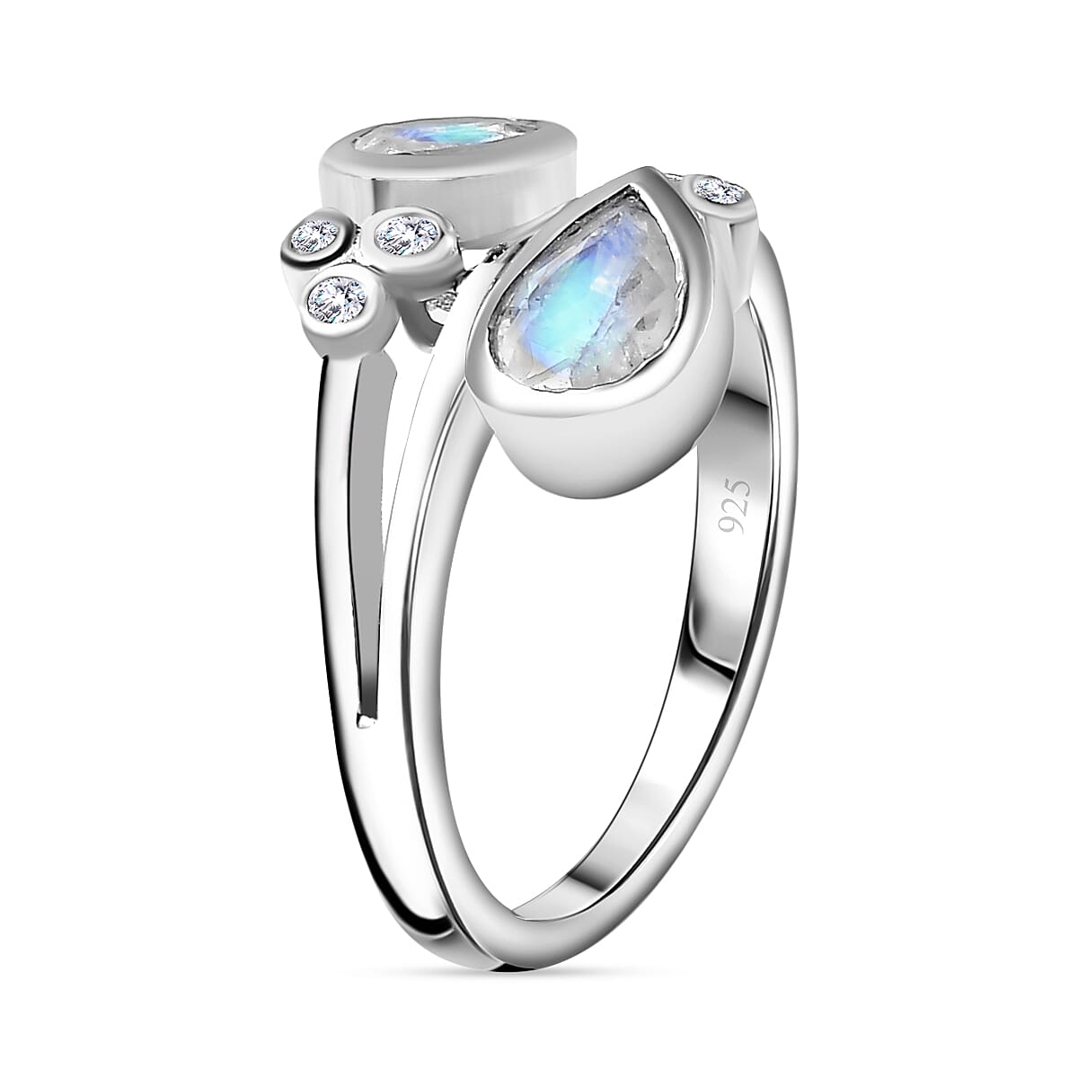 Moon Glow Stone & Moissanite Bypass Ring in Rhodium Overlay Sterling Silver 1.35 Ct