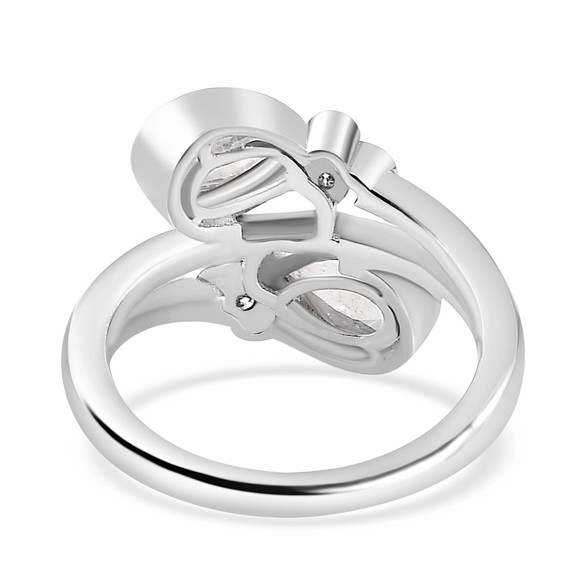 Moon Glow Stone & Moissanite Bypass Ring in Rhodium Overlay Sterling Silver 1.35 Ct