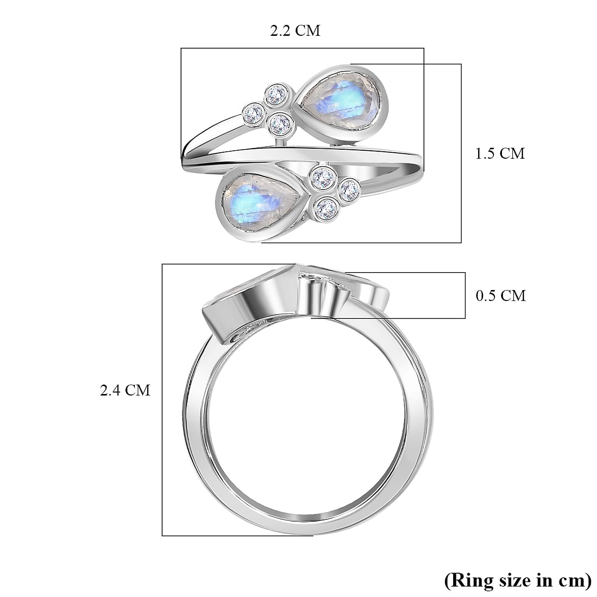 Moon Glow Stone & Moissanite Bypass Ring in Rhodium Overlay Sterling Silver 1.35 Ct