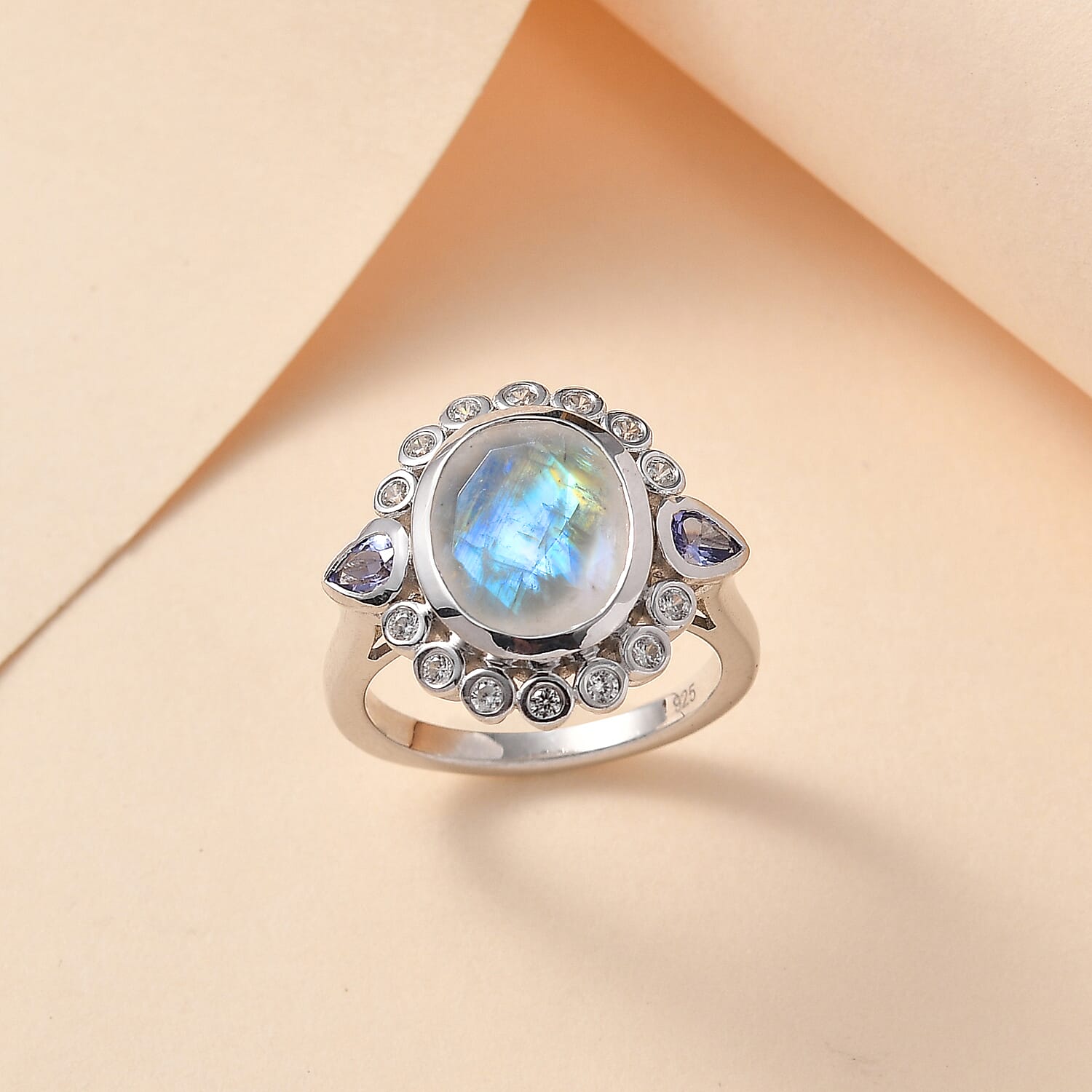 Moon Glow Stone, Natural Zircon & Tanzanite Ring in Rhodium Overlay Sterling Silver 4.45 Ct