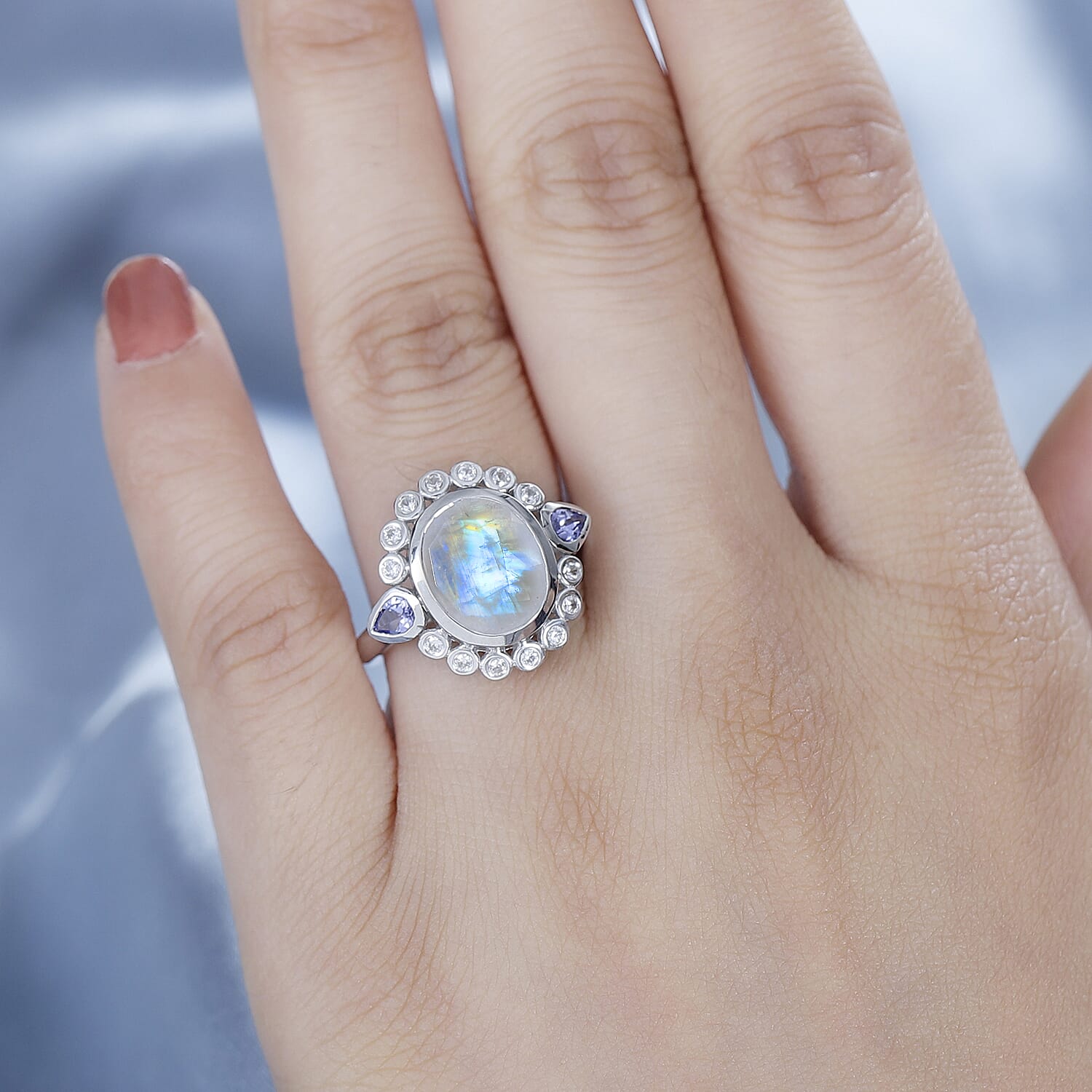 Moon Glow Stone, Natural Zircon & Tanzanite Ring in Rhodium Overlay Sterling Silver 4.45 Ct
