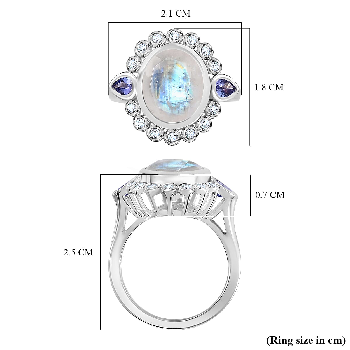 Moon Glow Stone, Natural Zircon & Tanzanite Ring in Rhodium Overlay Sterling Silver 4.45 Ct