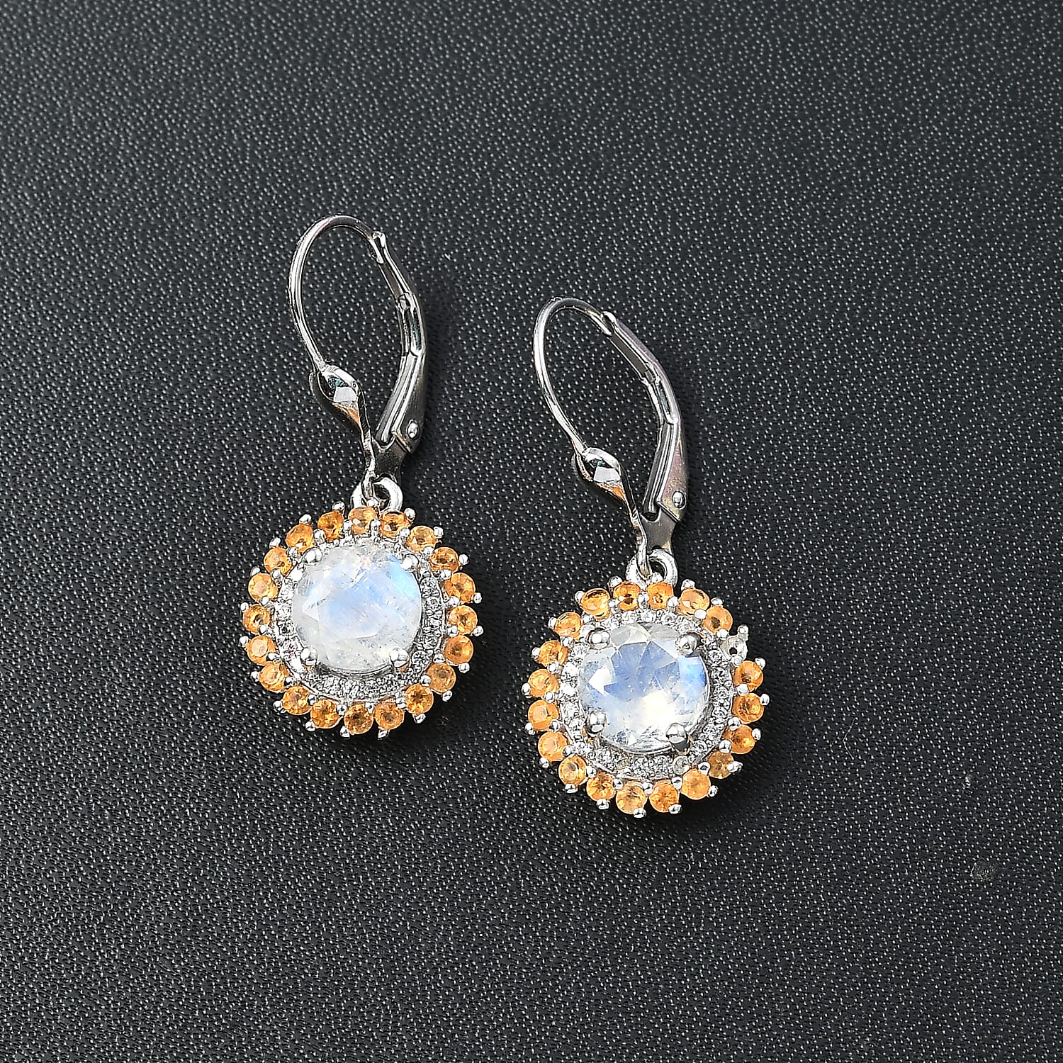 Moon Glow Moonstone,  Fire Opal ,  White Zircon  Solitaire Lever Back Earring in Rhodium Overlay Sterling Silver 3.57 ct  3.276  Ct.