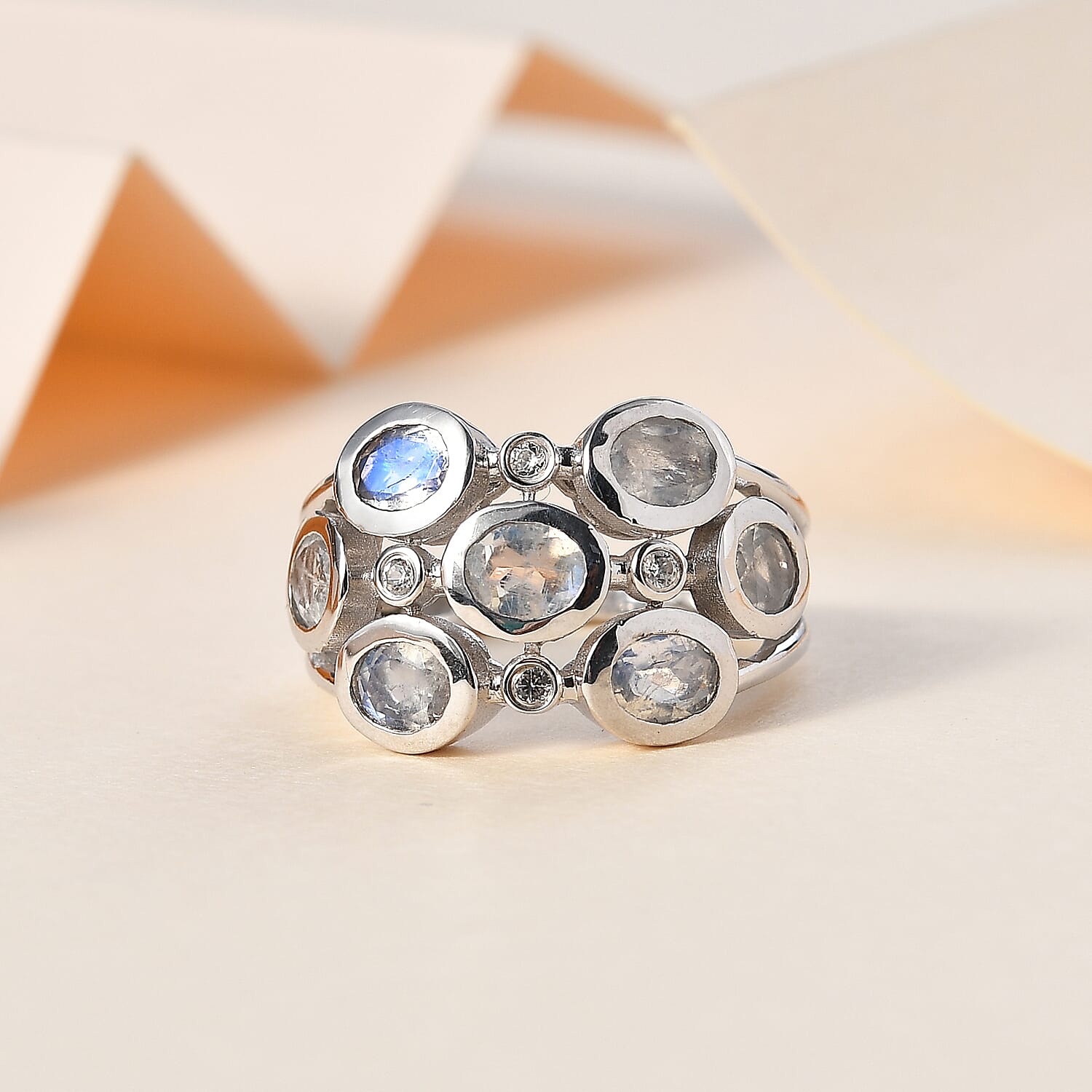 Moon Glow Stone & Natural Zircon Bubble Ring in Rhodium Overlay Sterling Silver 2.40 Ct