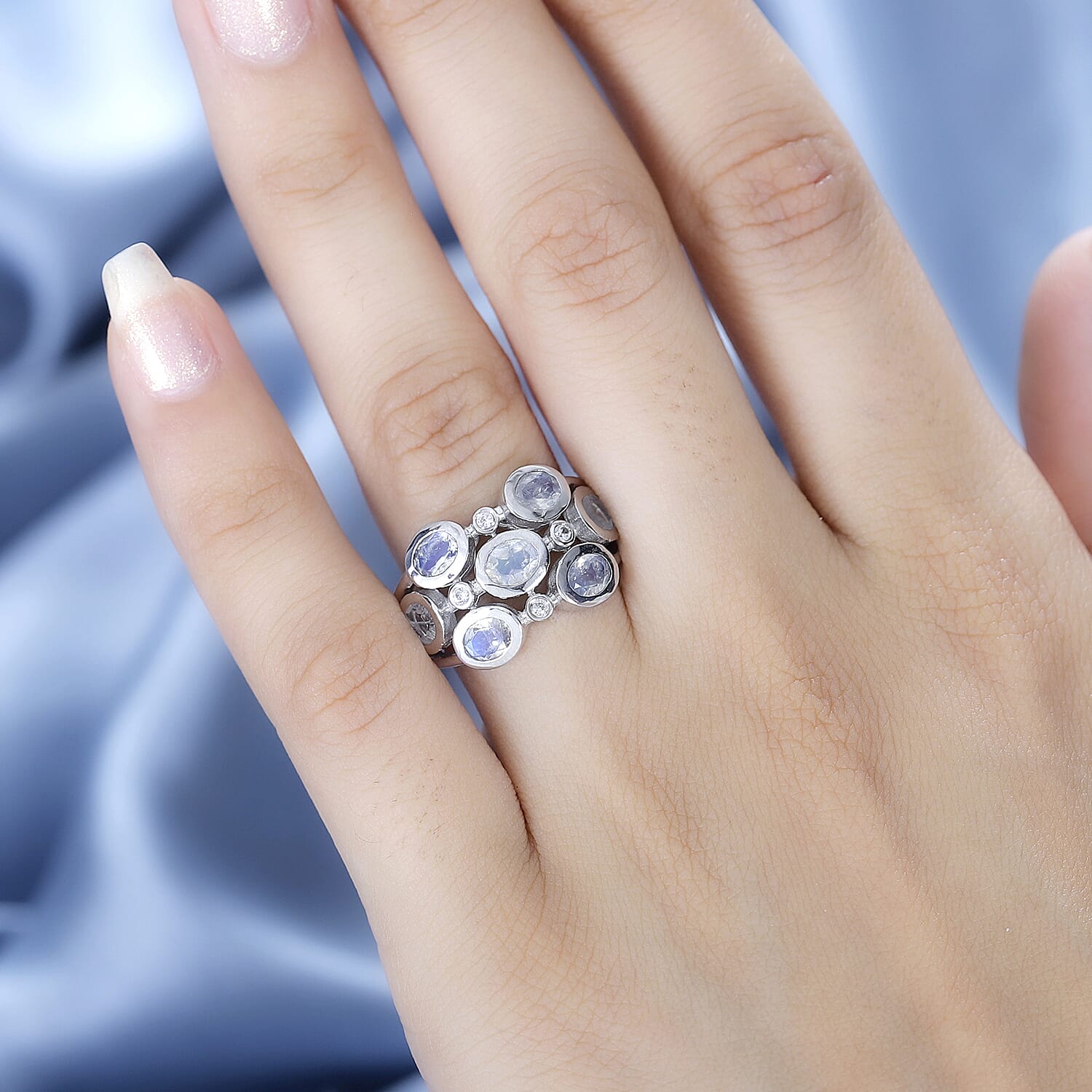 Moon Glow Stone & Natural Zircon Bubble Ring in Rhodium Overlay Sterling Silver 2.40 Ct