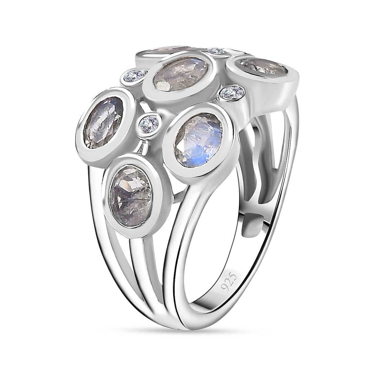 Moon Glow Stone & Natural Zircon Bubble Ring in Rhodium Overlay Sterling Silver 2.40 Ct