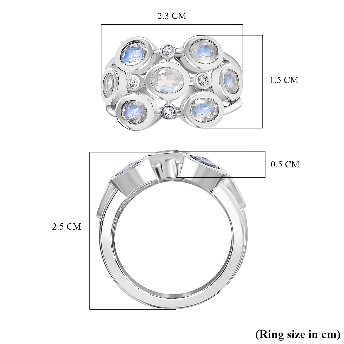 Moon Glow Stone & Natural Zircon Bubble Ring in Rhodium Overlay Sterling Silver 2.40 Ct
