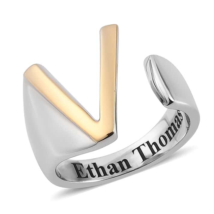 Personalised Engravable Initial V Ring in Yellow Gold Tone