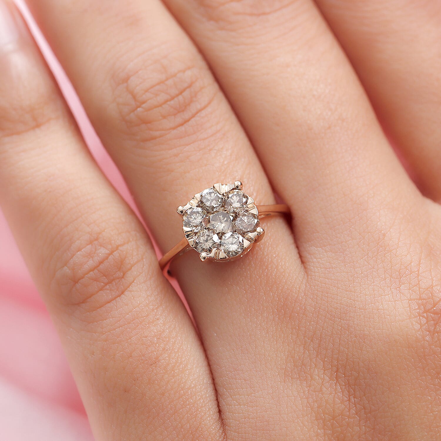 9K Rose Gold Natural Champagne Diamond Floral Ring 1.00 Ct.