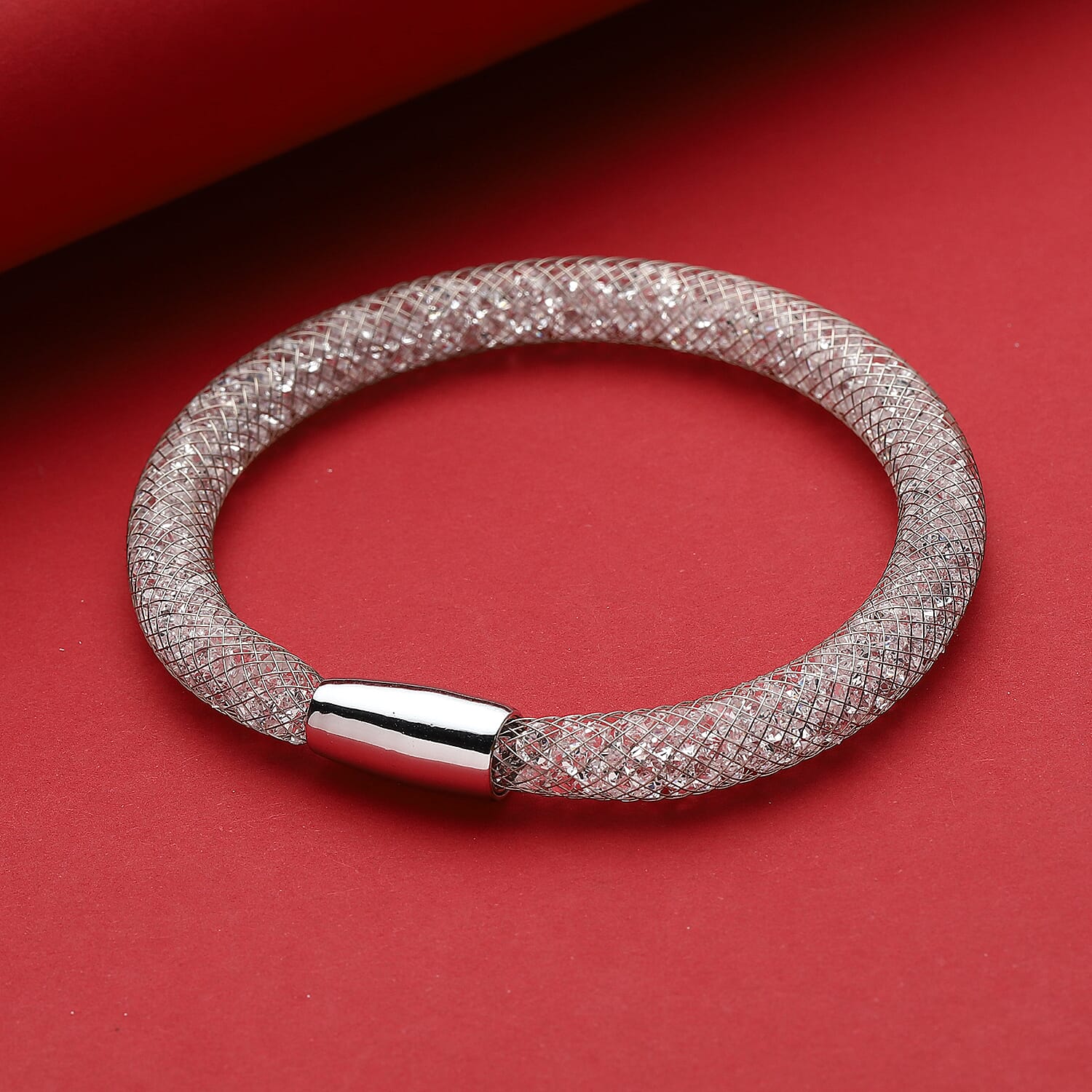 White Austrian Crystal Bracelet (Size - 8.5) in Silver Tone