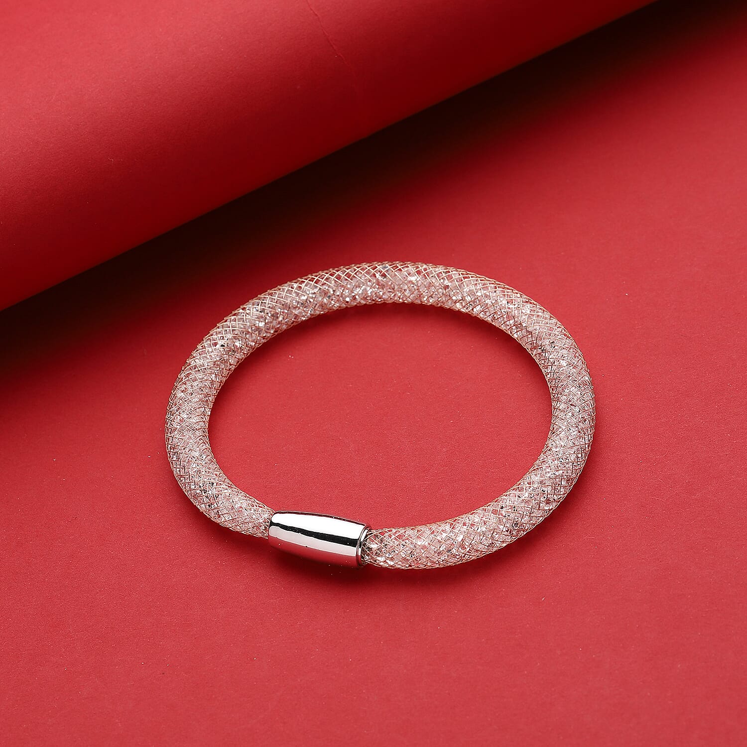 White Austrian Crystal Bracelet (Size - 8.5) in Rose Gold Tone