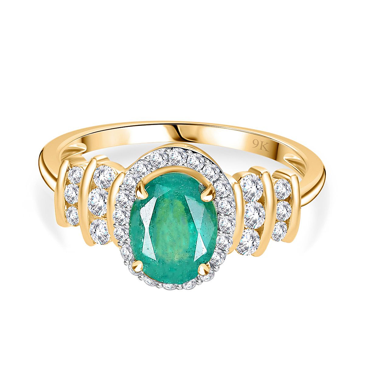 9K Yellow Gold  AAA   Premium Emerald ,  Moissanite  Main Stone With Side Stone Ring 1.75 ct,  Gold Wt. 2.4 Gms  1.701  Ct.