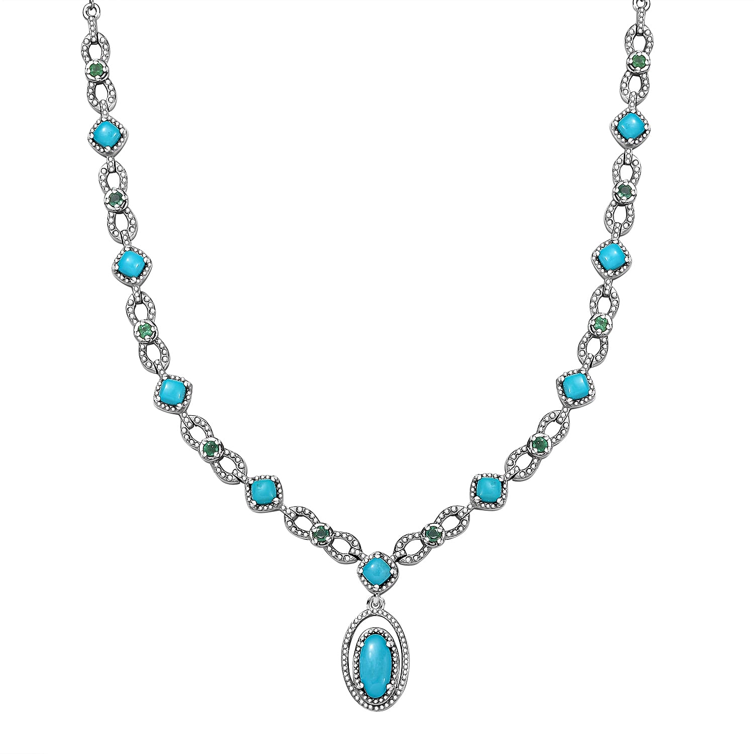 Arizona Sleeping Beauty Turquoise & Zambian Emerald Necklace (Size - 20) in Platinum Overlay Sterling Silver 3.96 Ct, Silver Wt. 15.38 Gms