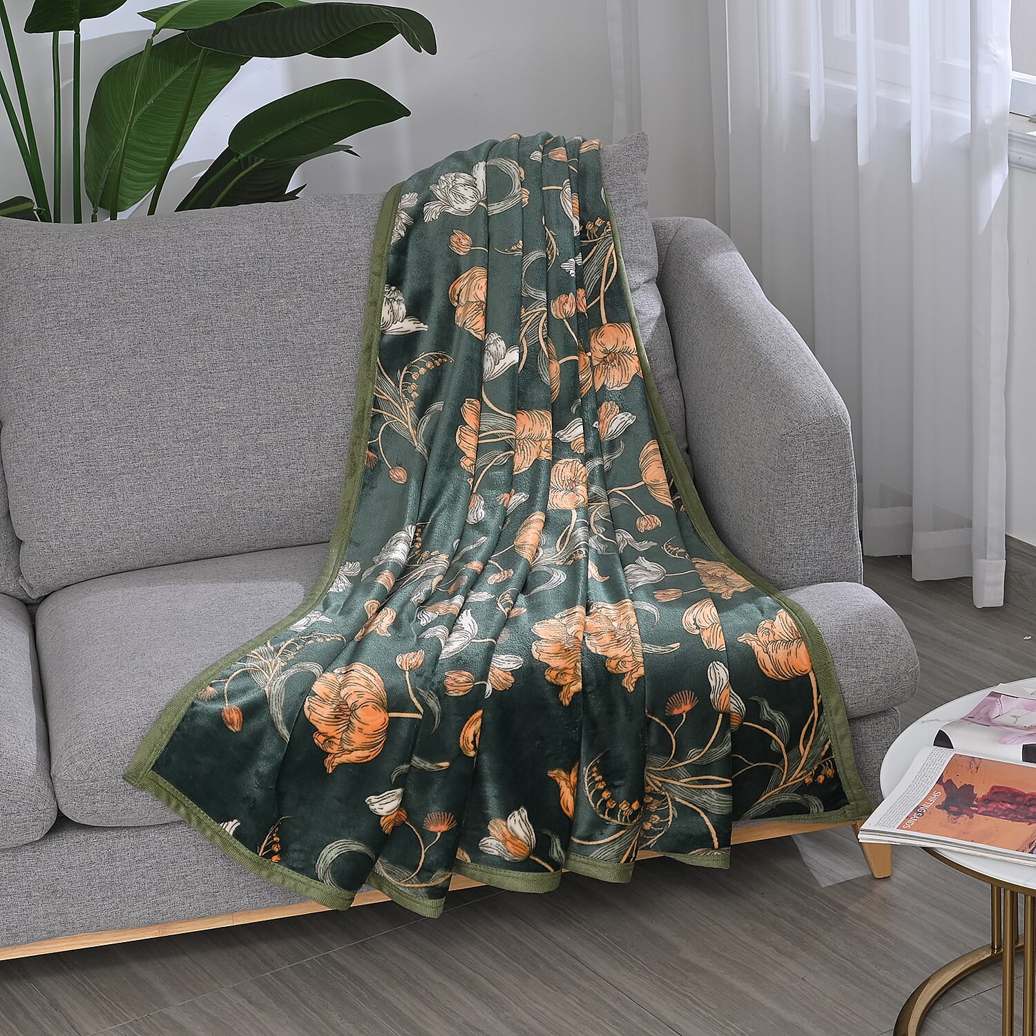 Floral Blanket (Size 200x150 cm) - Green & Dark Green