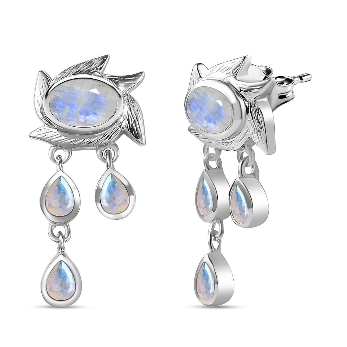 Moon Glow Moonstone Dangle Earrings in Rhodium Overlay Sterling Silver 2.40 Ct
