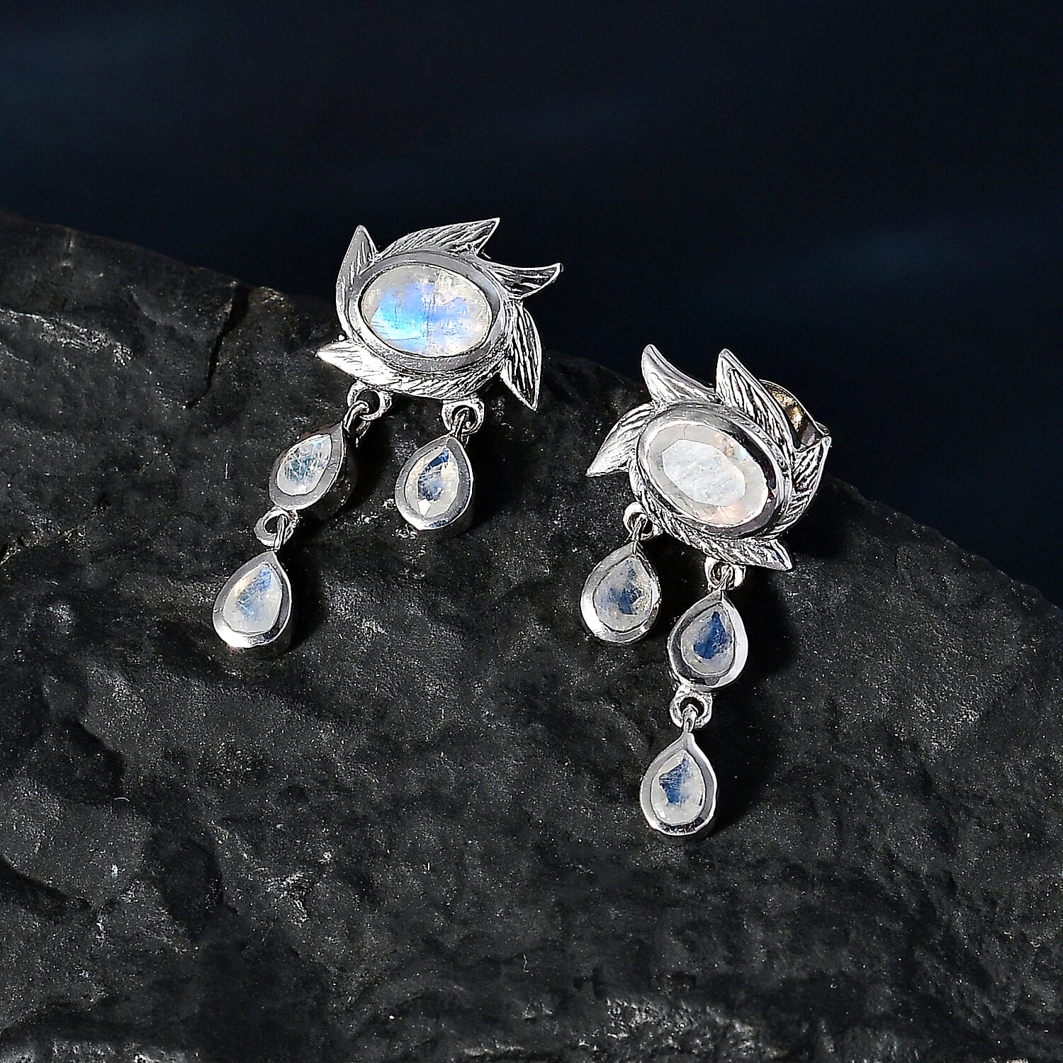 Moon Glow Moonstone Dangle Earrings in Rhodium Overlay Sterling Silver 2.40 Ct
