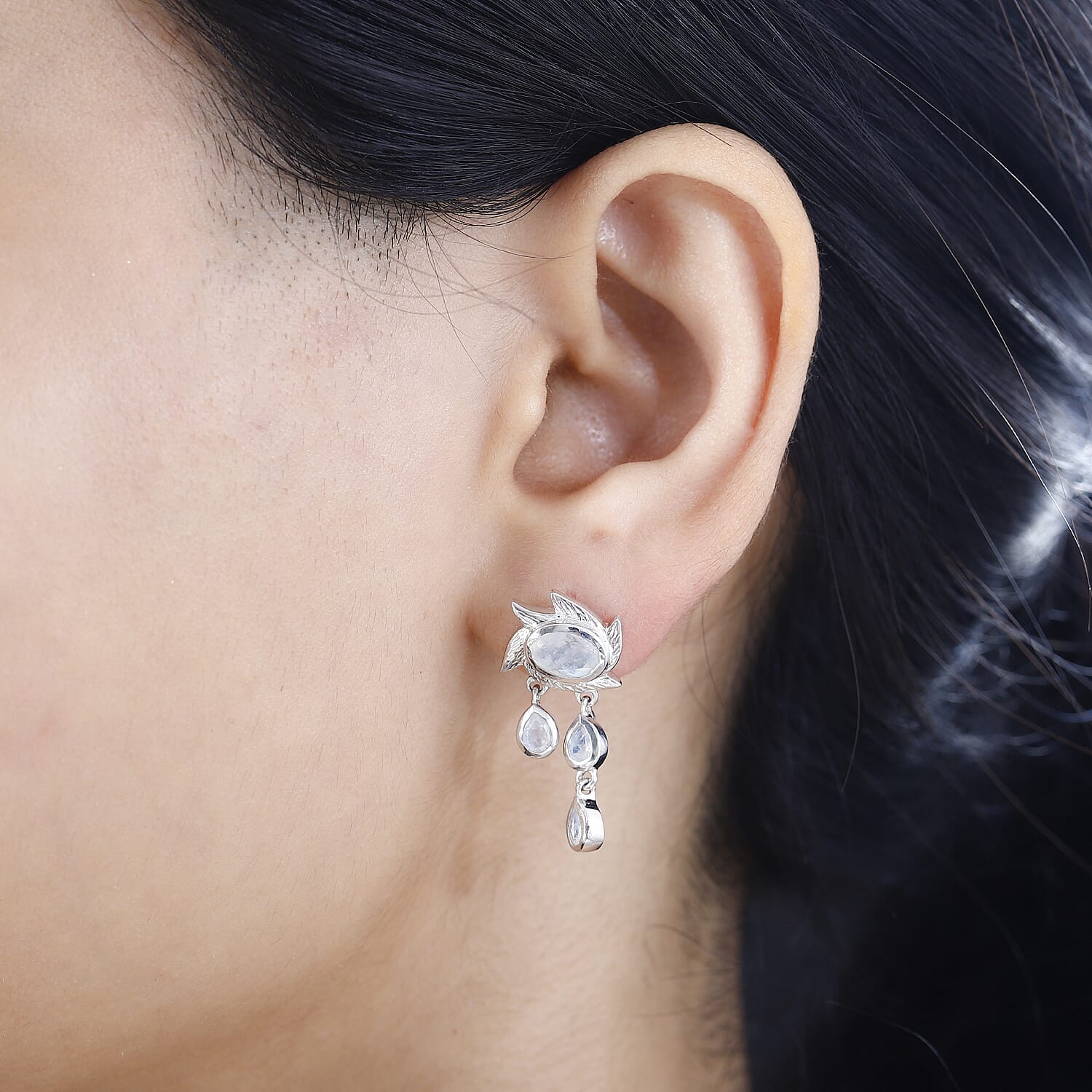 Moon Glow Moonstone Dangle Earrings in Rhodium Overlay Sterling Silver 2.40 Ct