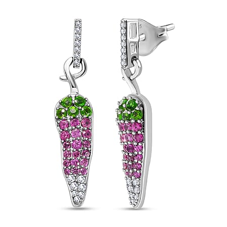 GP Chilli Pepper Collection - Natural Chrome Diopside & Multi Gemstone Dangle Earrings in Rhodium Overlay Sterling Silver 1.68 Ct