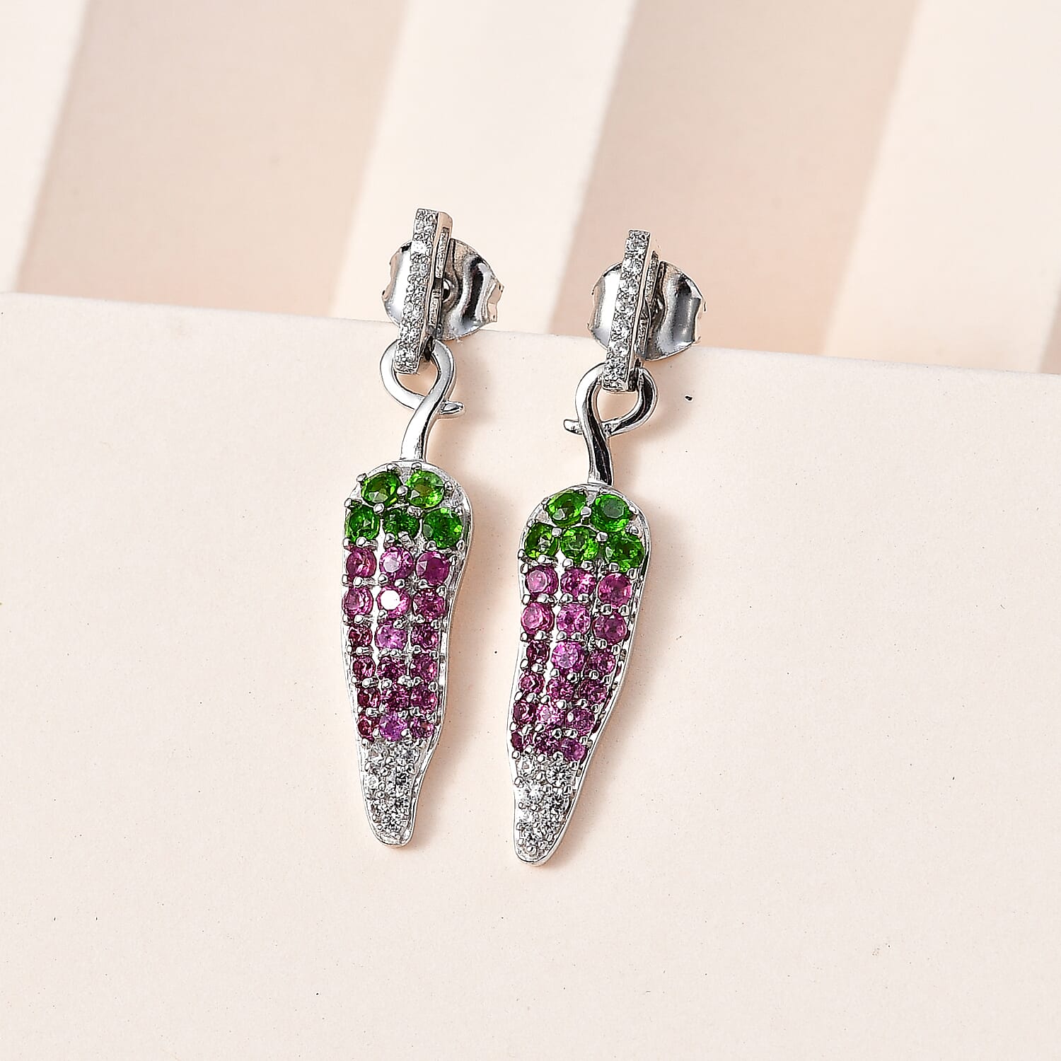 GP Chilli Pepper Collection - Natural Chrome Diopside & Multi Gemstone Dangle Earrings in Rhodium Overlay Sterling Silver 1.68 Ct