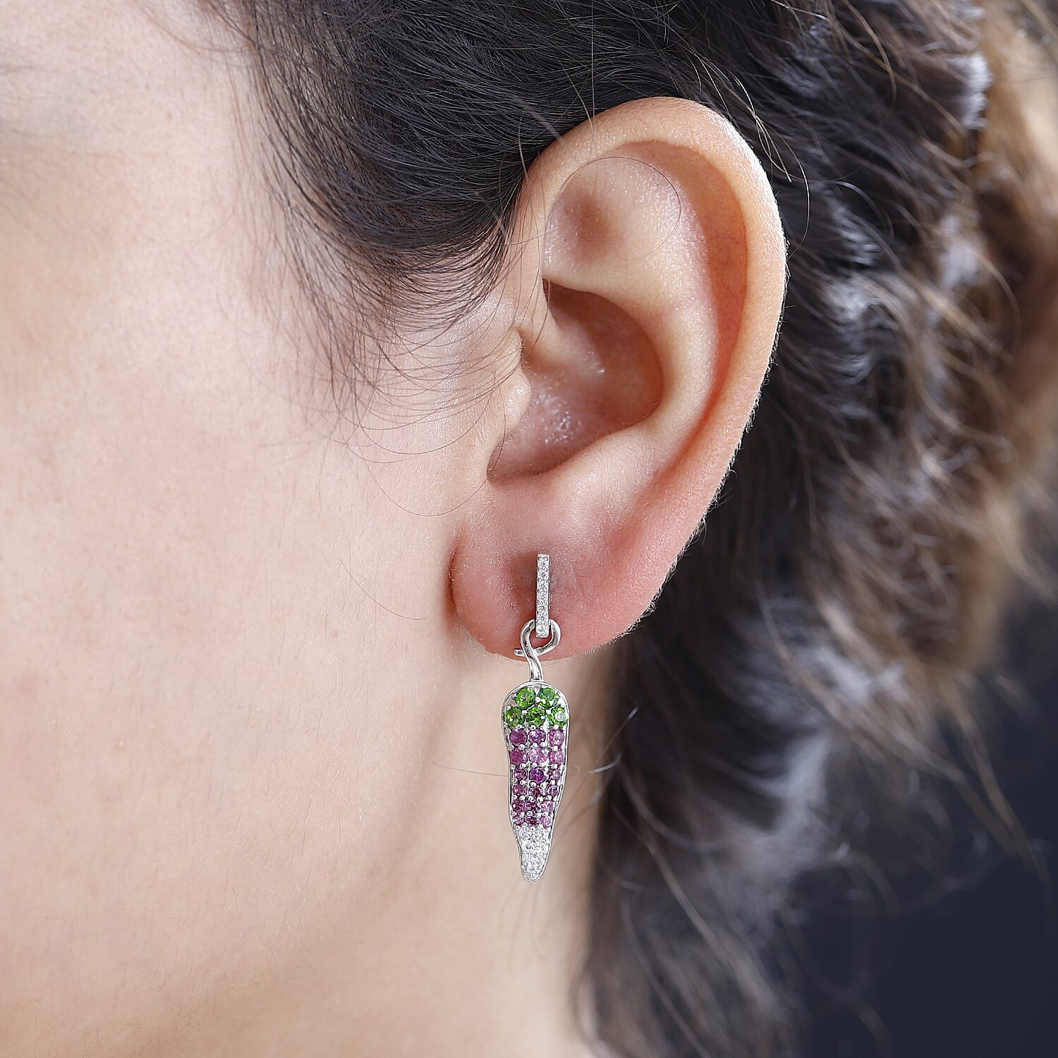 GP Chilli Pepper Collection - Natural Chrome Diopside & Multi Gemstone Dangle Earrings in Rhodium Overlay Sterling Silver 1.68 Ct