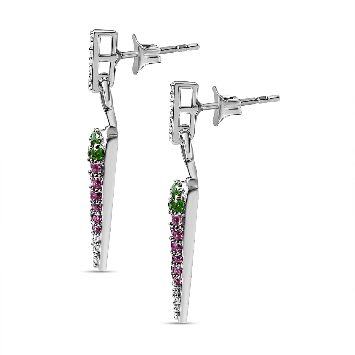 GP Chilli Pepper Collection - Natural Chrome Diopside & Multi Gemstone Dangle Earrings in Rhodium Overlay Sterling Silver 1.68 Ct
