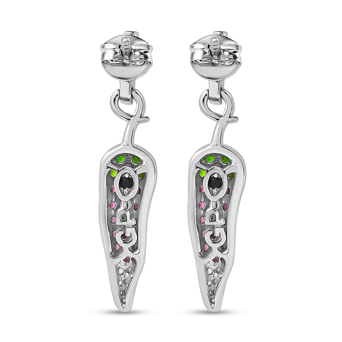 GP Chilli Pepper Collection - Natural Chrome Diopside & Multi Gemstone Dangle Earrings in Rhodium Overlay Sterling Silver 1.68 Ct