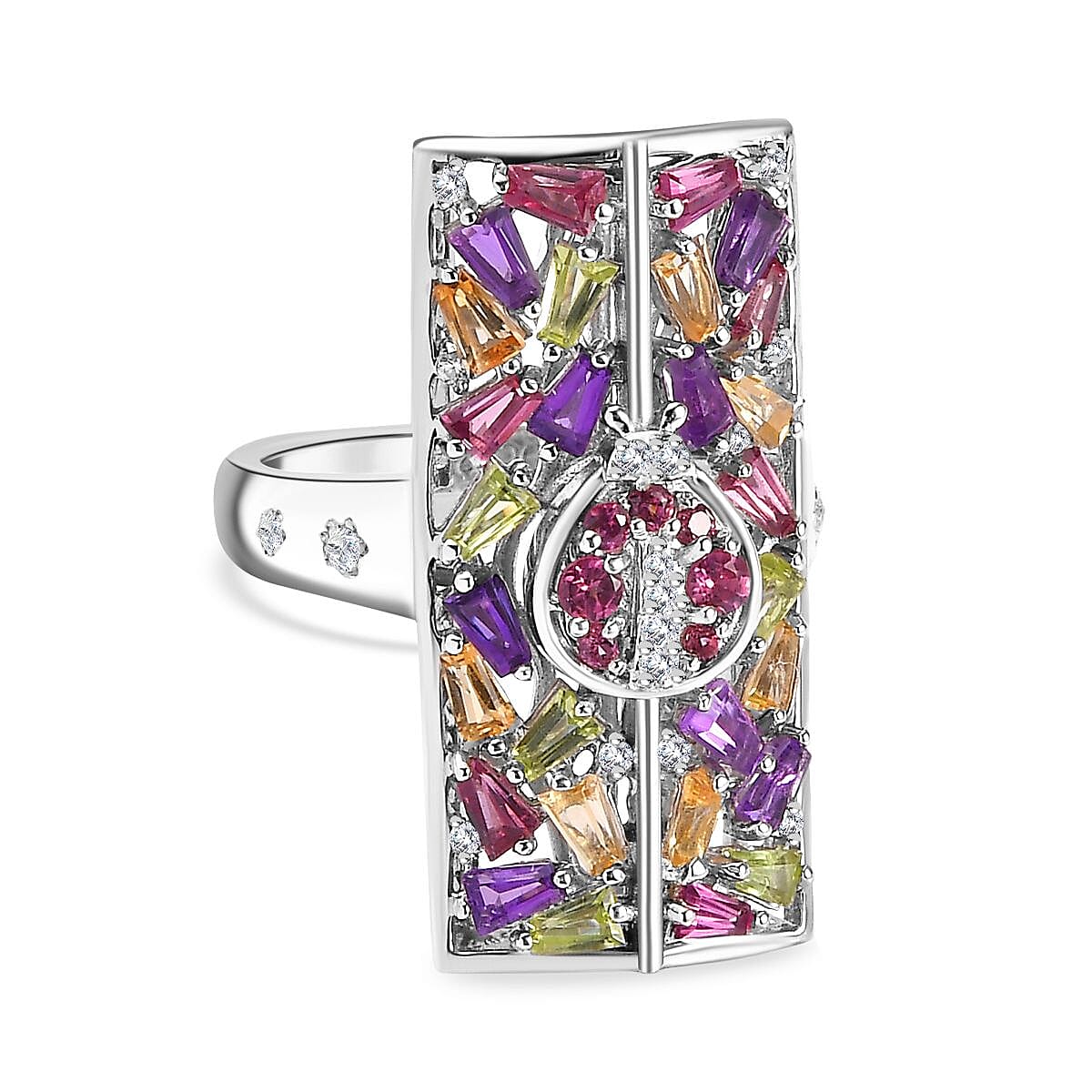 GP Italian Garden Collection - Multi Gemstone Cluster Ring in Rhodium Overlay Sterling Silver