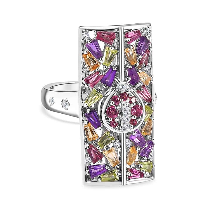 GP Italian Garden Collection - Multi Gemstone Cluster Ring in Rhodium Overlay Sterling Silver