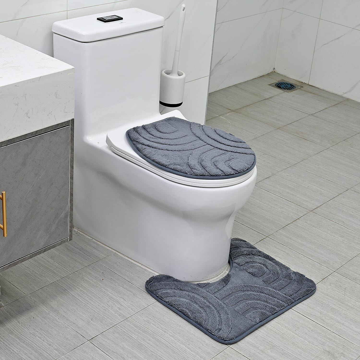 3 Piece Patterned Bathroom Mat Set - Dark Grey