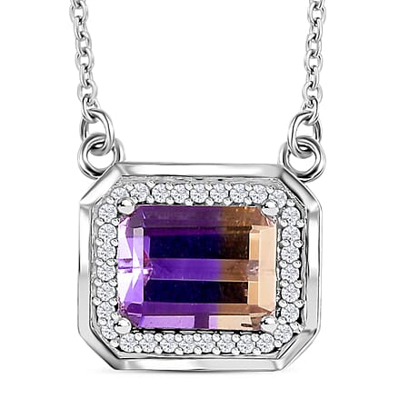 Ametrine and Natural Zircon Halo Necklace (Size - 20) in Rhodium Overlay Sterling Silver 2.90 Ct